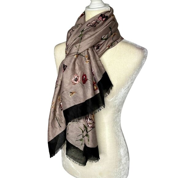 Mauve Flower Stem Scarf Black Border Stripe Oversize Wrap Beach Cover Up OS - Picture 1 of 8